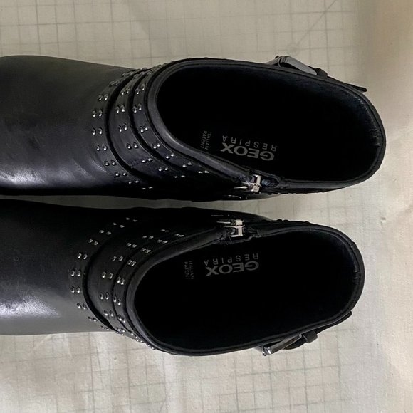 GEOX NWOB Comfy Black Leather Boots Grommets Trim Block Low Heel Zip EU41 US 9.5 - Picture 5 of 9
